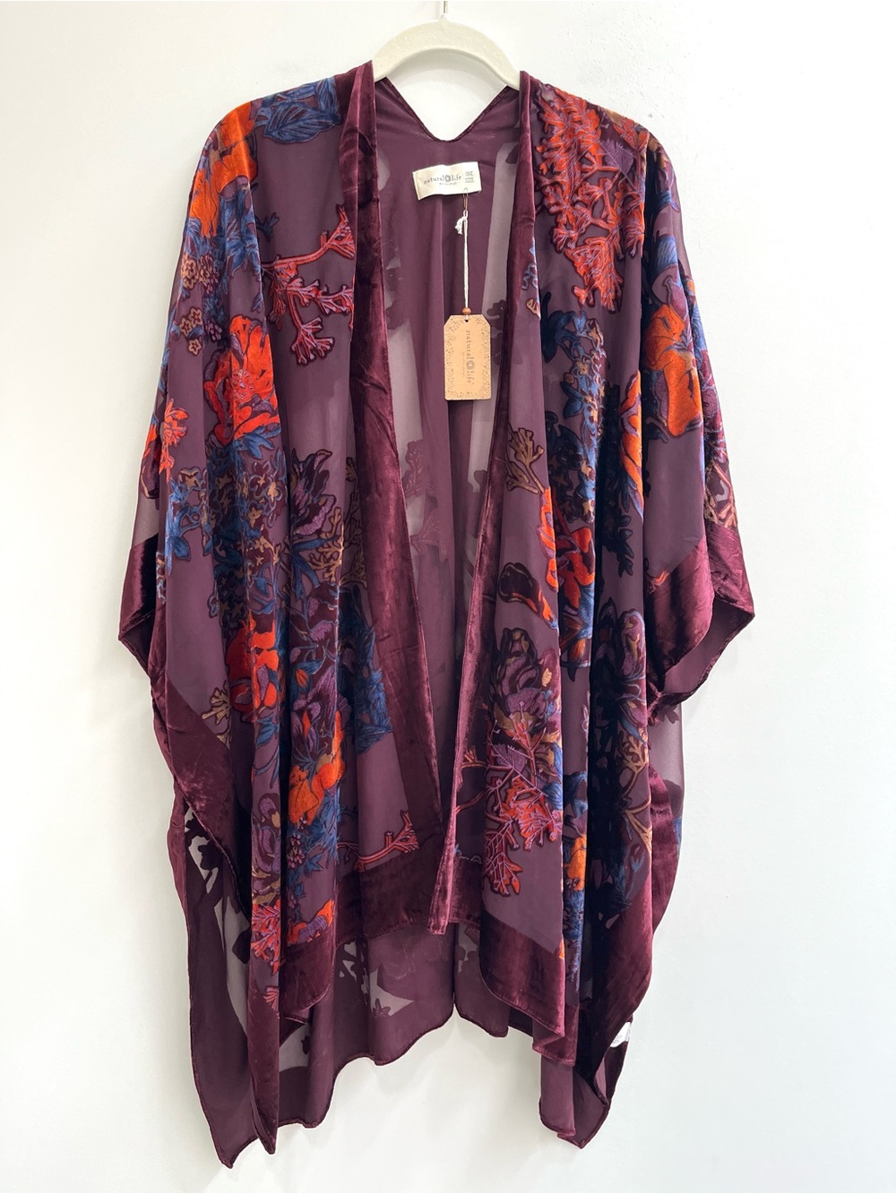 Natural Life Velvet Burnout Floral Semi Sheer Kimono Duster Plum Purple Boho OS